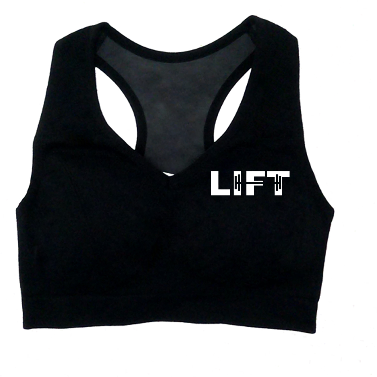 Lift Barbell Logo Classic Womens High Support Scoop Neck Cut Out Back Sports Bra (White Logo)