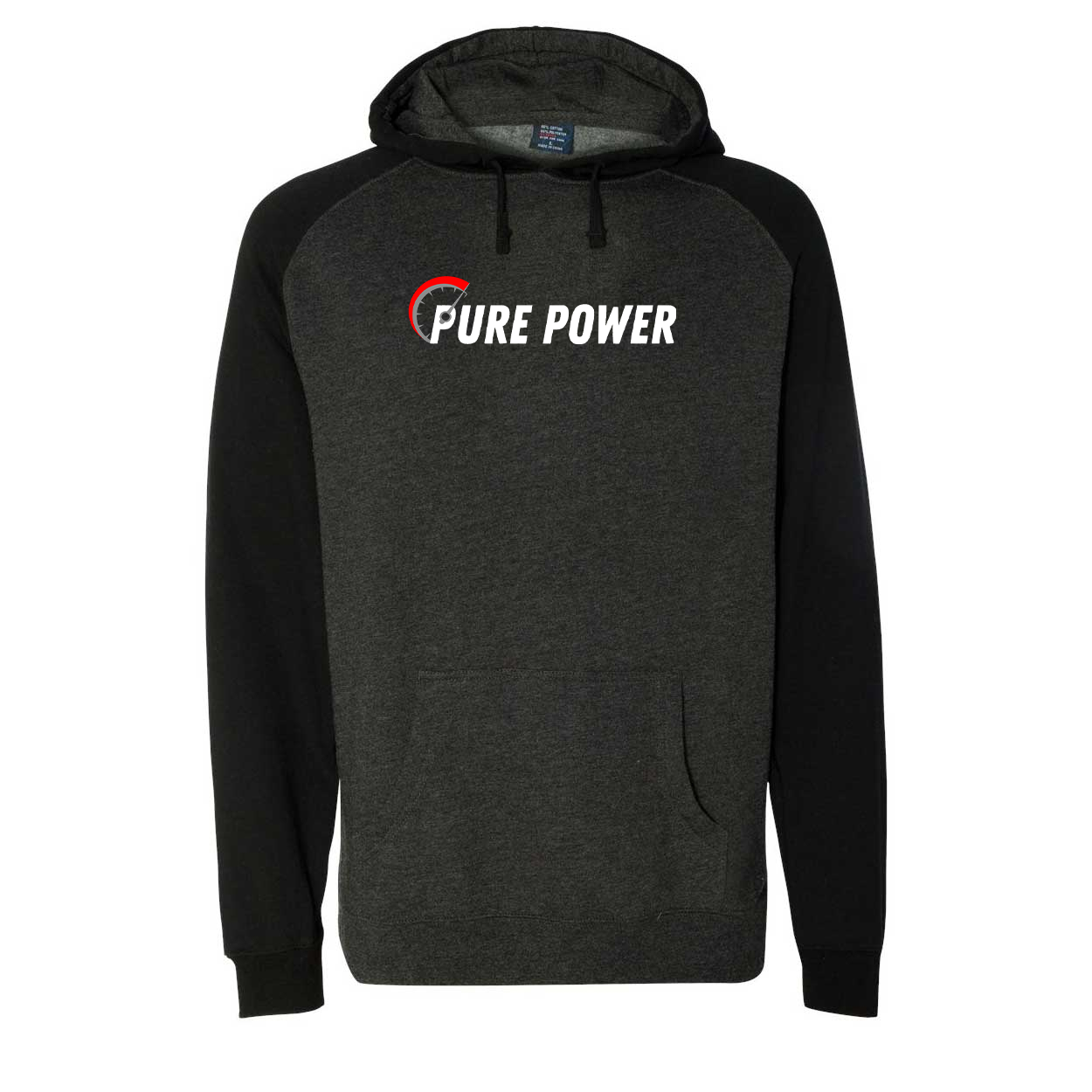 Pure Power Classic Raglan Hooded Pullover Sweatshirt Charcoal/Heather Black (White Logo)