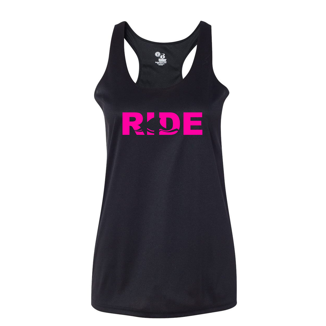 Ride Wave Logo Classic Womens Performance Racerback Tank Top Black (Pink Logo)