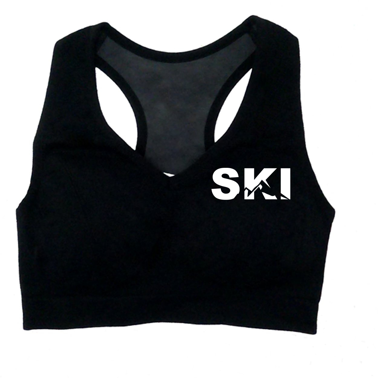 Ski Mountain Logo Classic Womens High Support Scoop Neck Cut Out Back Sports Bra (White Logo)