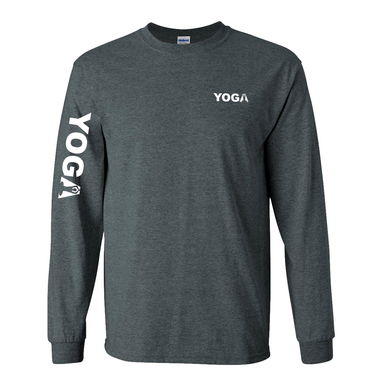 Yoga Meditation Logo Night Out Long Sleeve T-Shirt with Arm Logo Dark Heather Gray (White Logo)