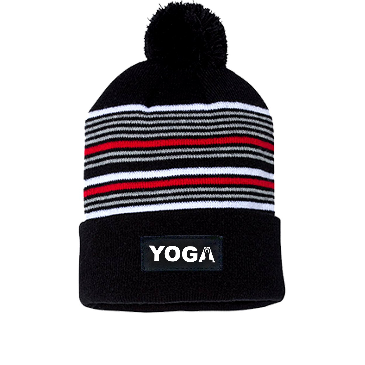 Yoga Meditation Logo Night Out Woven Patch Roll Up Pom Knit Beanie Black/ White/ Grey/ Red Beanie (White Logo)