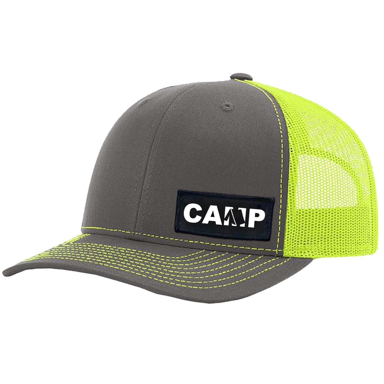 Camp Tent Logo Night Out Woven Patch Snapback Trucker Hat Charcoal/Neon Yellow (White Logo)