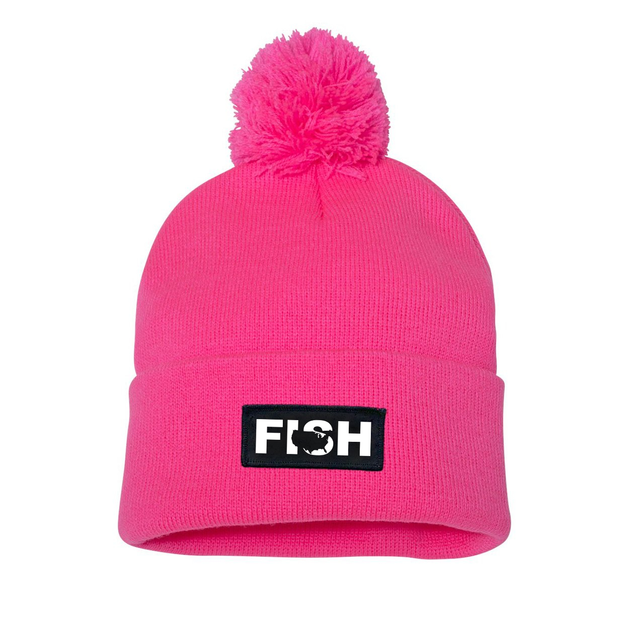 Fish United States Night Out Woven Patch Roll Up Pom Knit Beanie Pink (White Logo)