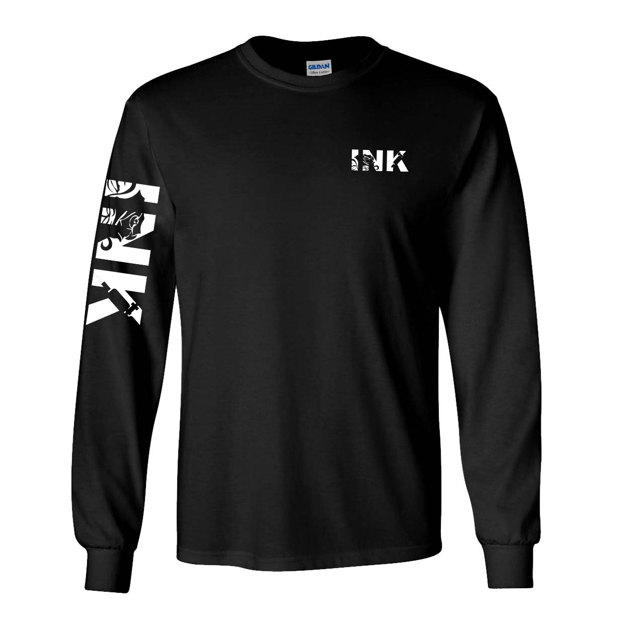 Ink Tattoo Logo Night Out Long Sleeve T-Shirt with Arm Logo Black (White Logo)