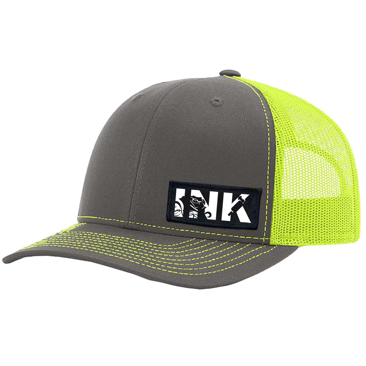 Ink Tattoo Logo Night Out Woven Patch Snapback Trucker Hat Charcoal/Neon Yellow (White Logo)