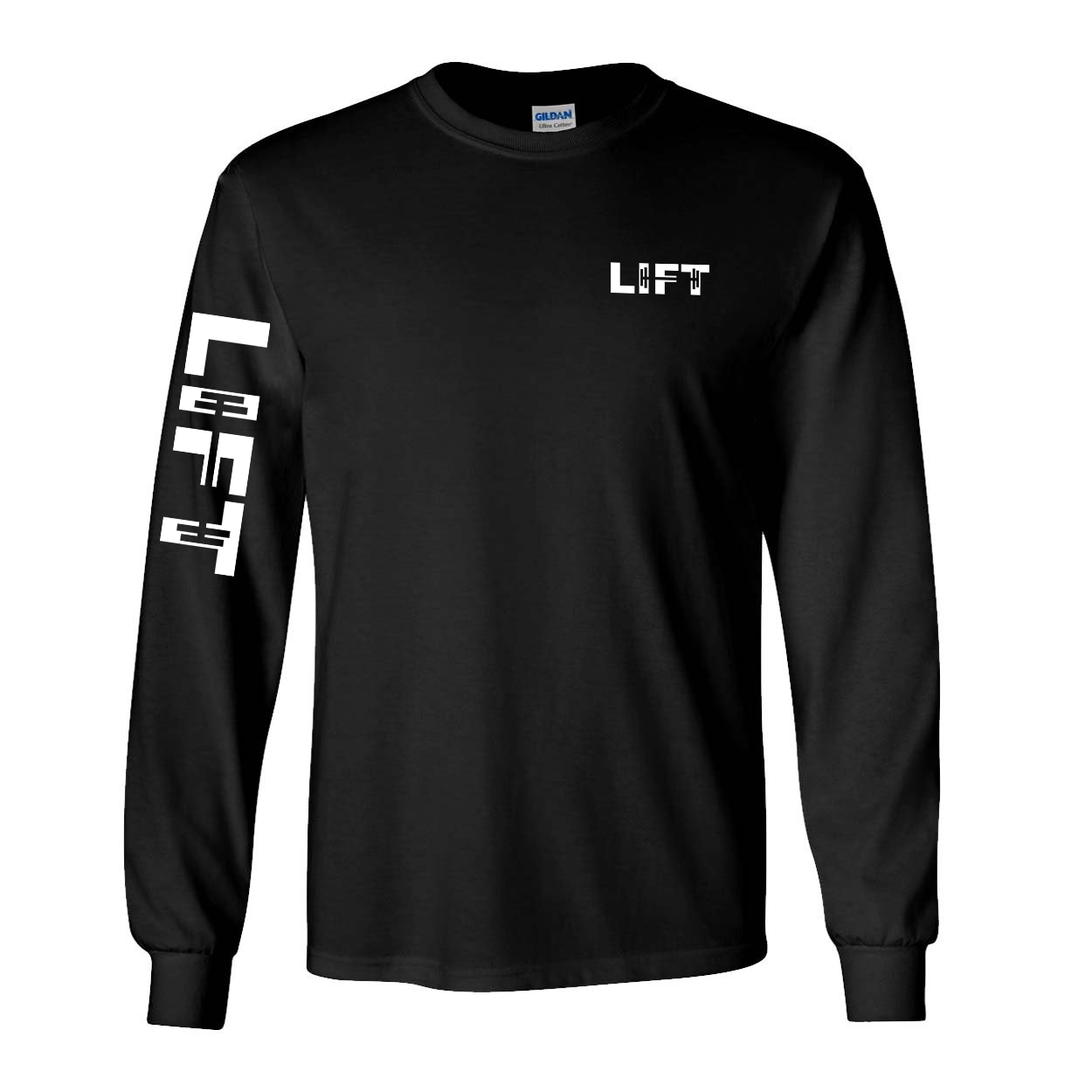 Lift Barbell Logo Night Out Long Sleeve T-Shirt with Arm Logo Black (White Logo)