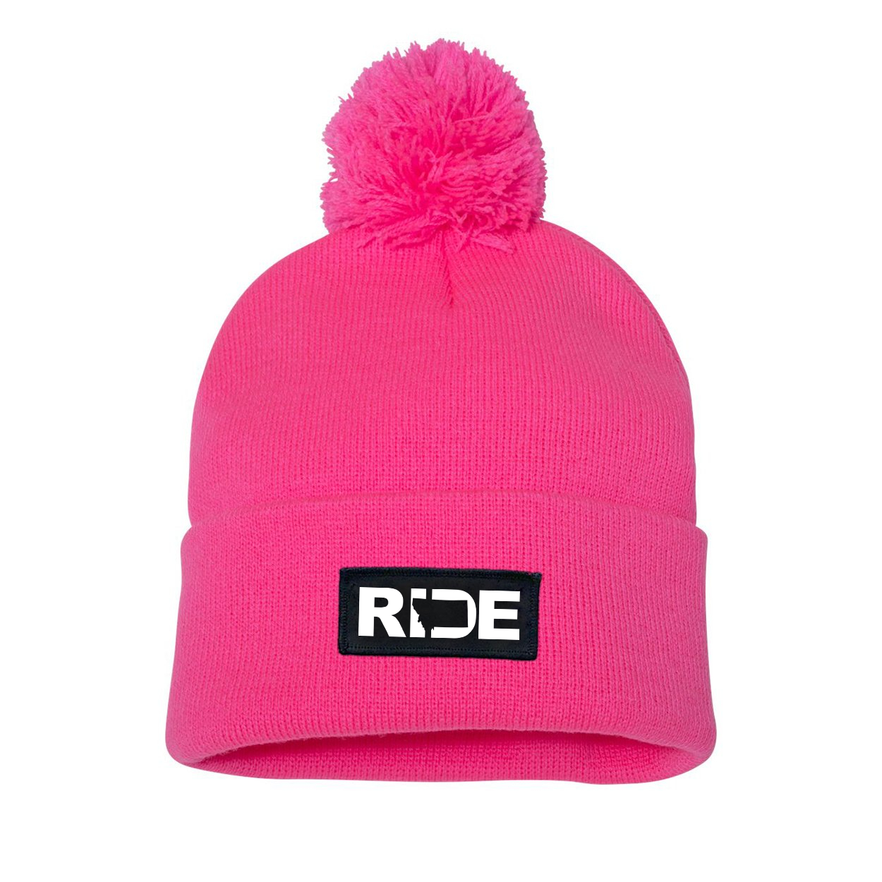 Ride Montana Night Out Woven Patch Roll Up Pom Knit Beanie Pink (White Logo)