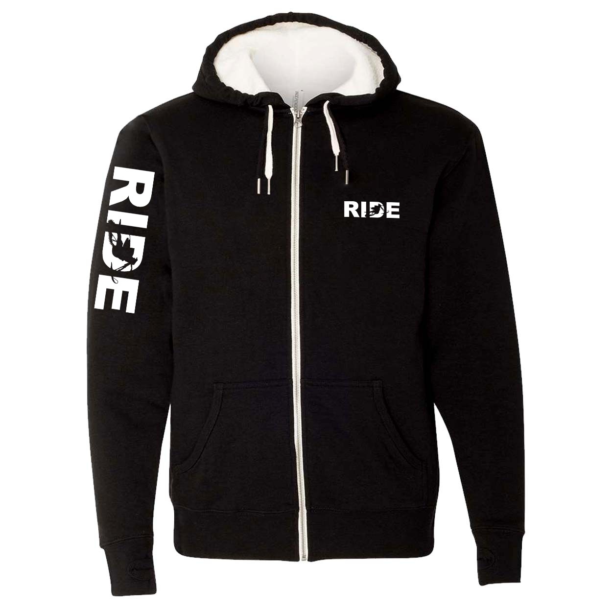 Ride Snowbike Logo Classic Sherpa-Lined Hooded Zip Up Sweatshirt Black (White Logo)