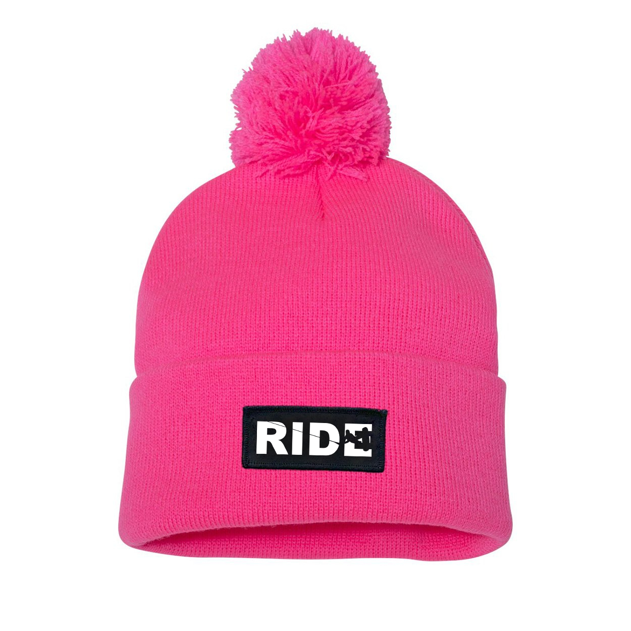 Ride Wakeboard Logo Night Out Woven Patch Roll Up Pom Knit Beanie Pink (White Logo)