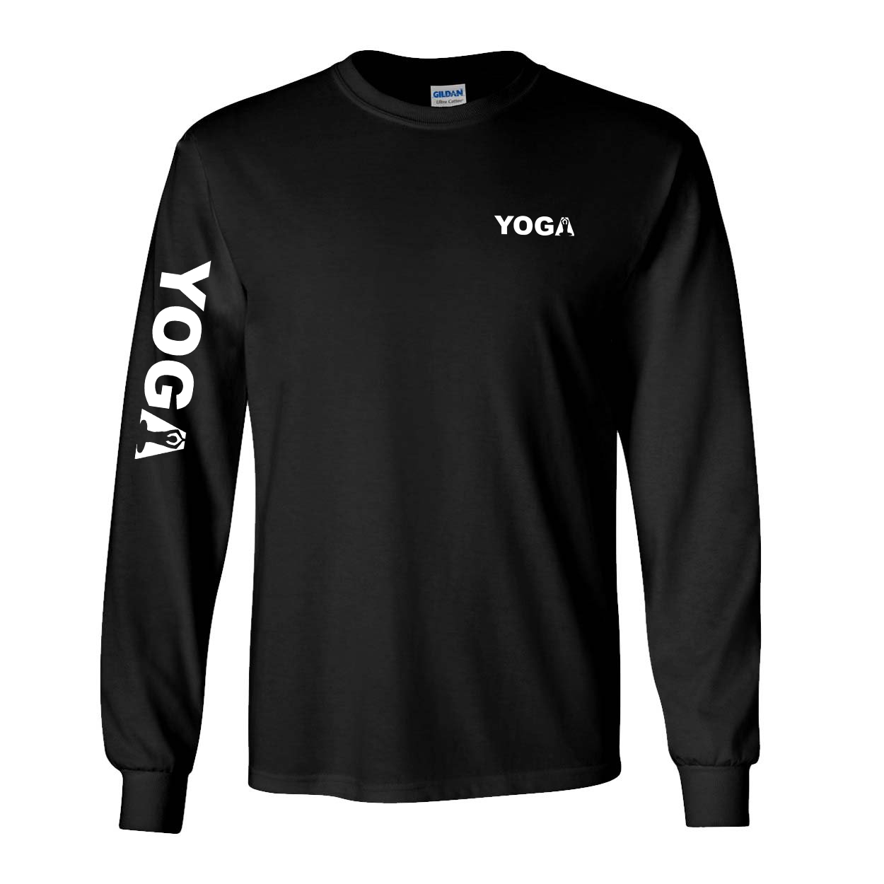 Yoga Meditation Logo Night Out Long Sleeve T-Shirt with Arm Logo Black (White Logo)