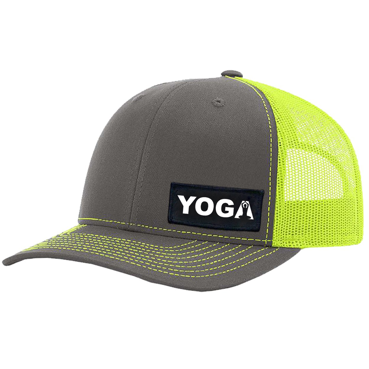 Yoga Meditation Logo Night Out Woven Patch Snapback Trucker Hat Gray/Neon Yellow (White Logo)