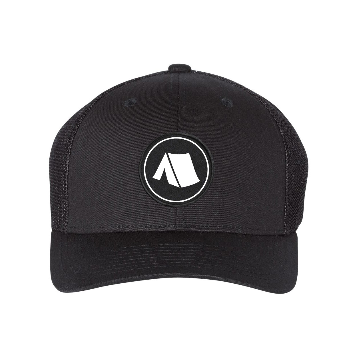Camp Tent Icon Logo Classic Woven Circle Patch Snapback Trucker Hat Black (White Logo)