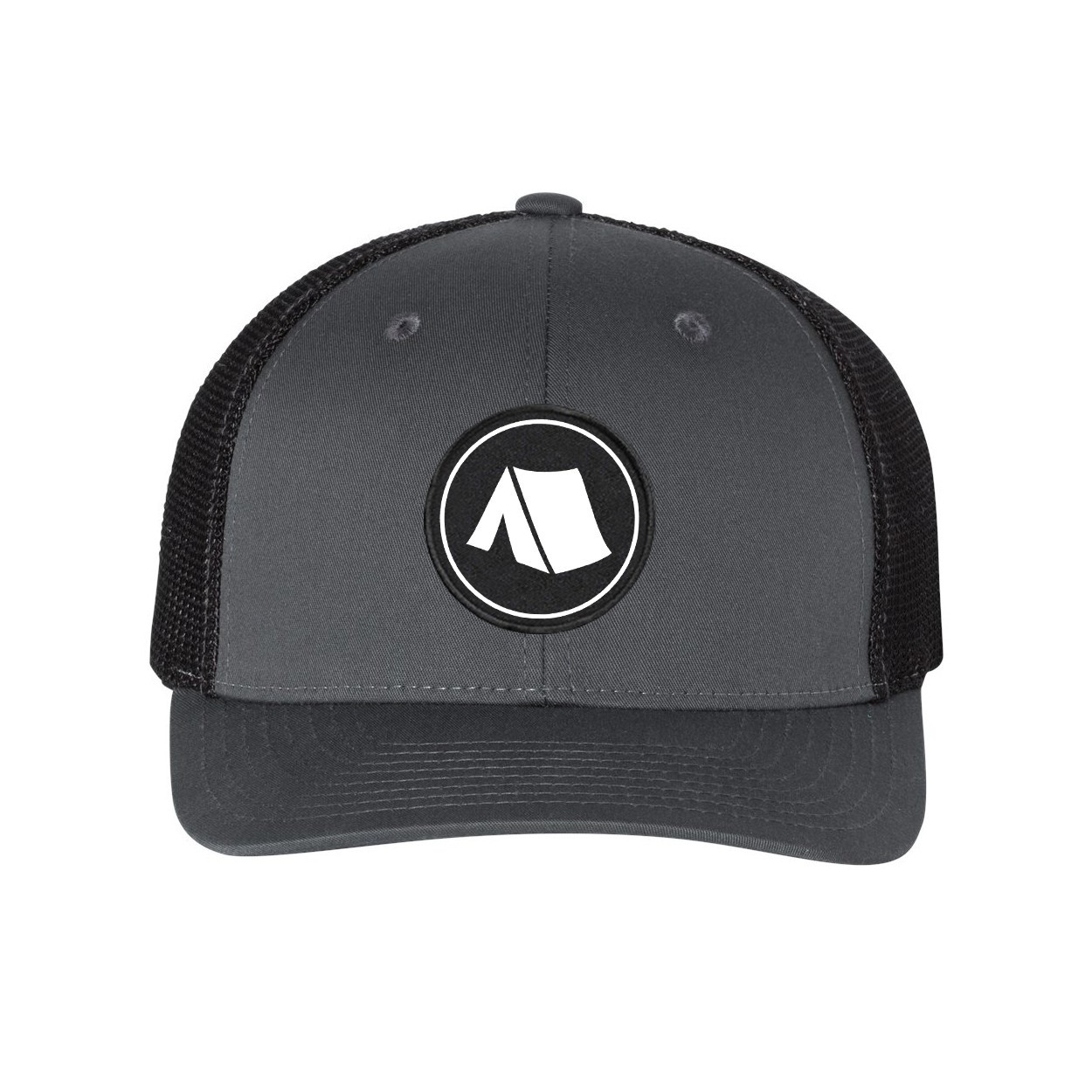 Camp Tent Icon Logo Classic Woven Circle Patch Snapback Trucker Hat Gray/Black (White Logo)