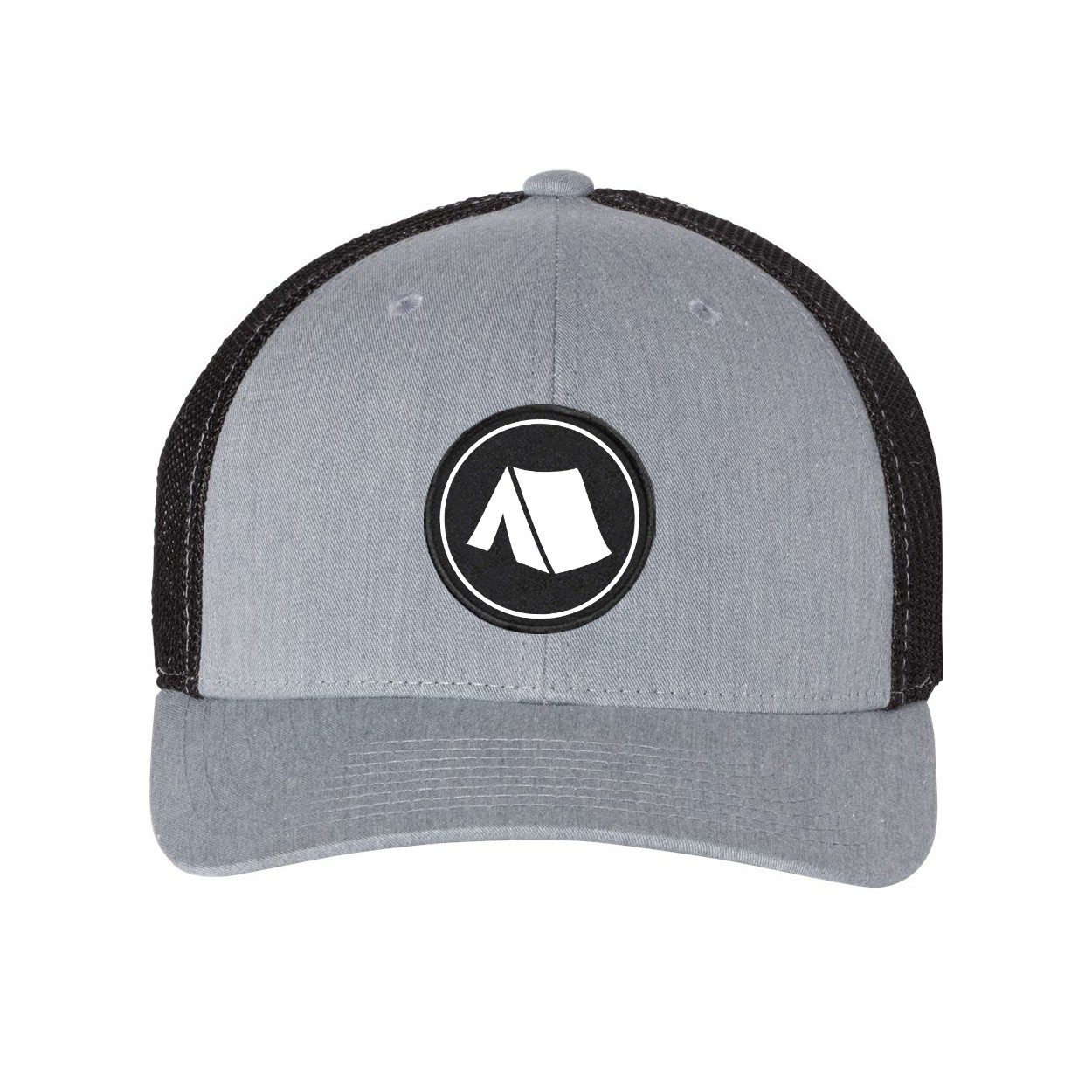 Camp Tent Icon Logo Classic Woven Circle Patch Snapback Trucker Hat Heather Gray/Black (White Logo)
