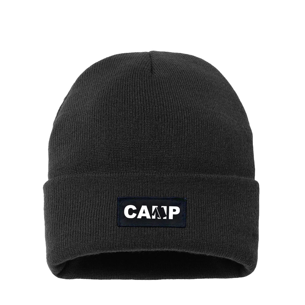 Camp Tent Logo Night Out Woven Patch Night Out Sherpa Lined Cuffed Beanie Black (White Logo)