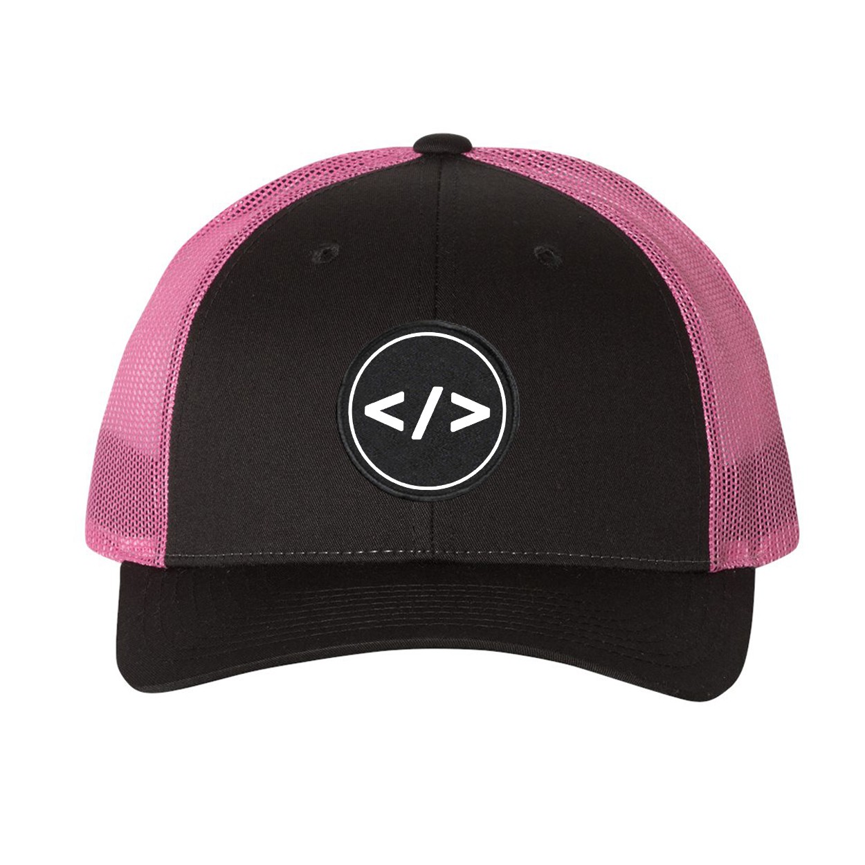 Code Tag Icon Logo Classic Woven Circle Patch Snapback Trucker Hat Gray/Neon Pink (White Logo)