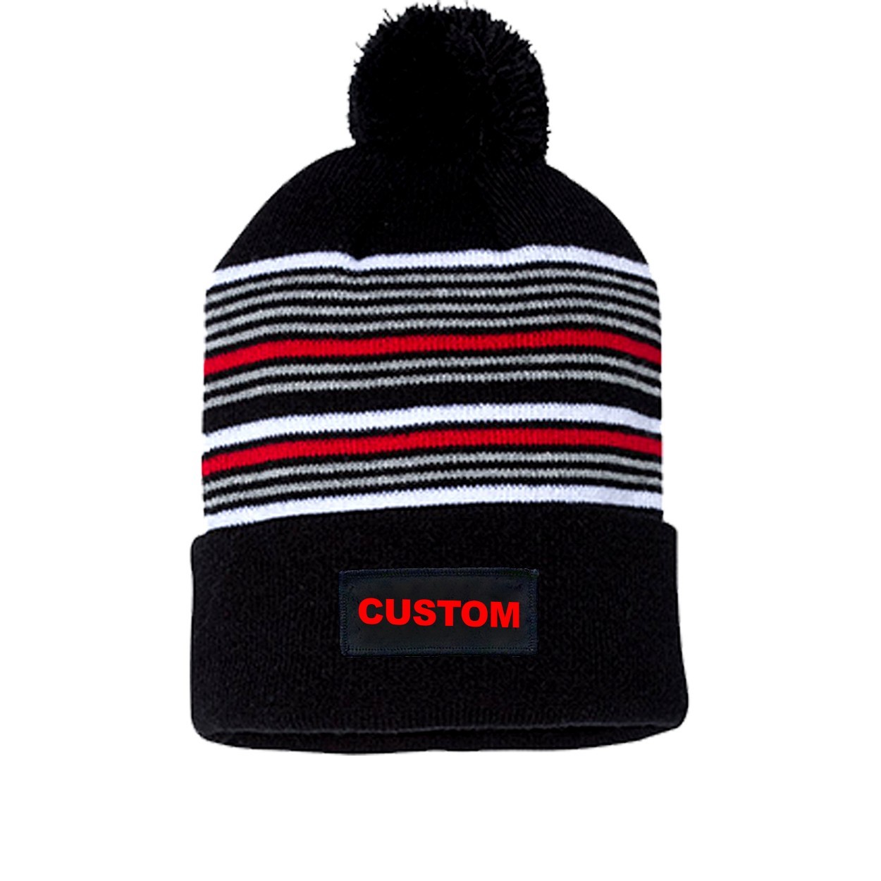 Custom Life Brand Logo Night Out Woven Patch Roll Up Pom Knit Beanie Black/ White/ Grey/ Red Beanie (Red Logo)