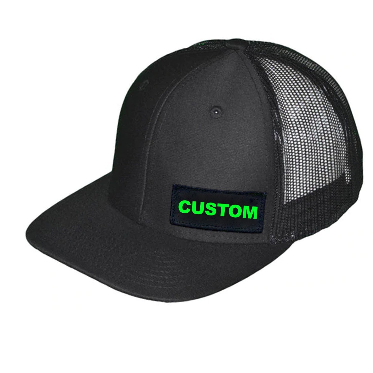 Custom Life Brand Logo Night Out Woven Patch Snapback Trucker Hat Black (Green Logo)