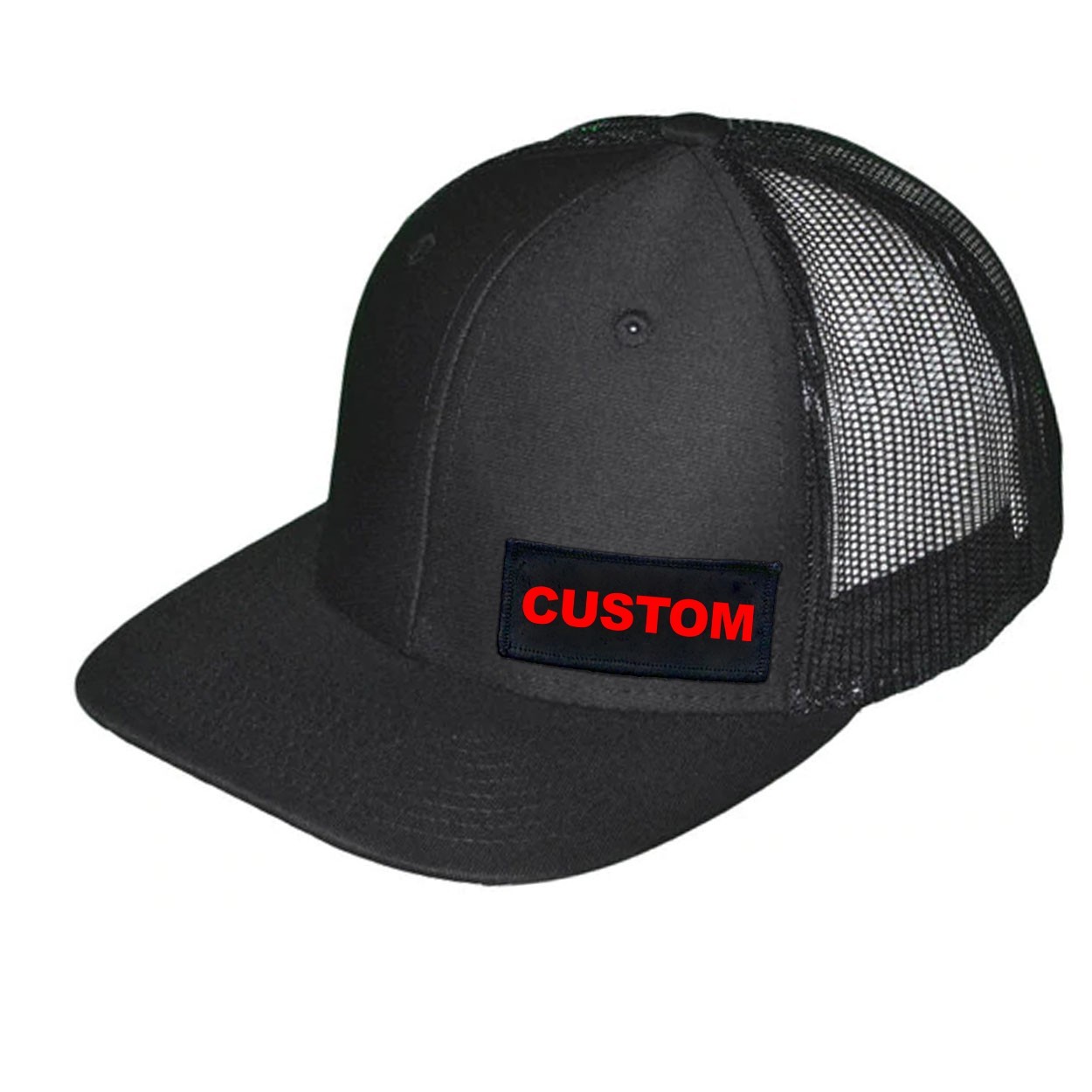 Custom Life Brand Logo Night Out Woven Patch Snapback Trucker Hat Black (Red Logo)