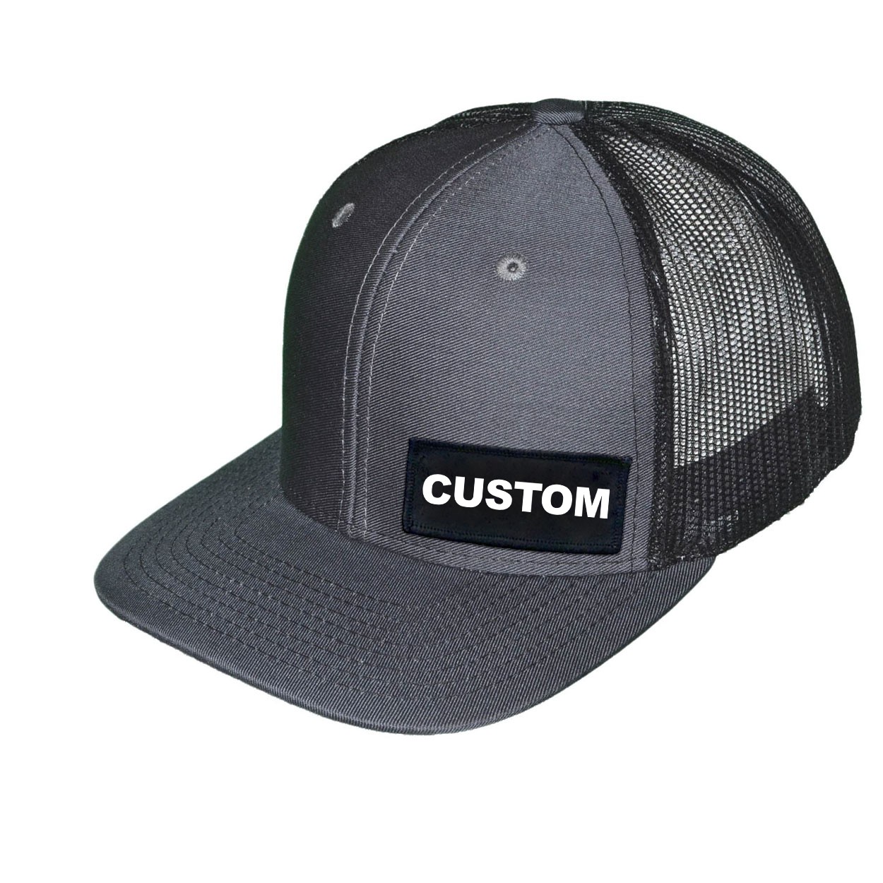 Custom Life Brand Logo Night Out Woven Patch Snapback Trucker Hat Dark Gray/Black (White Logo)