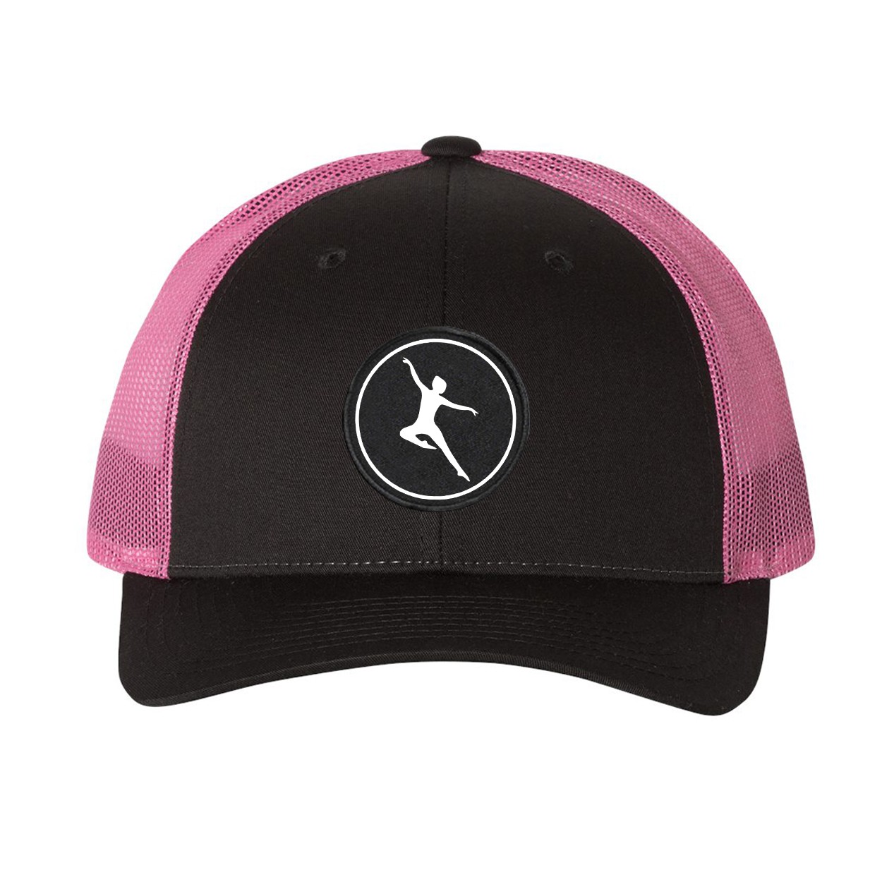 Dance Silhouette Icon Logo Classic Woven Circle Patch Snapback Trucker Hat Gray/Neon Pink (White Logo)
