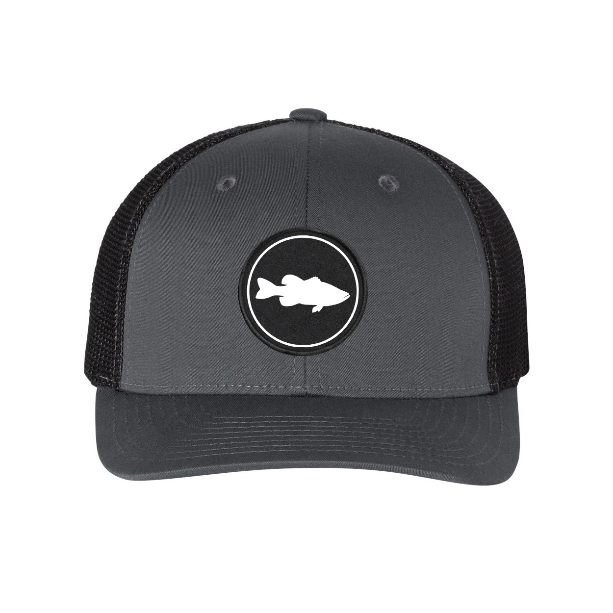 Fish Bass Icon Logo Classic Woven Circle Patch Snapback Trucker Hat Dark Gray/Black (White Logo)