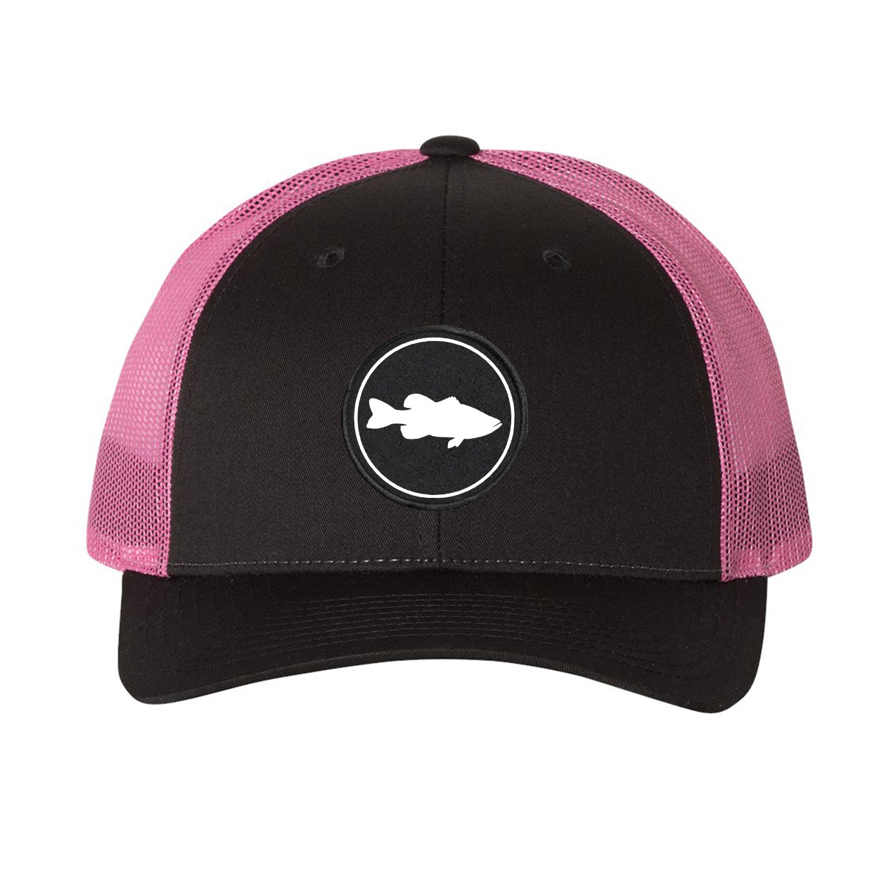 Fish Bass Icon Logo Classic Woven Circle Patch Snapback Trucker Hat Dark Gray/Neon Pink (White Logo)