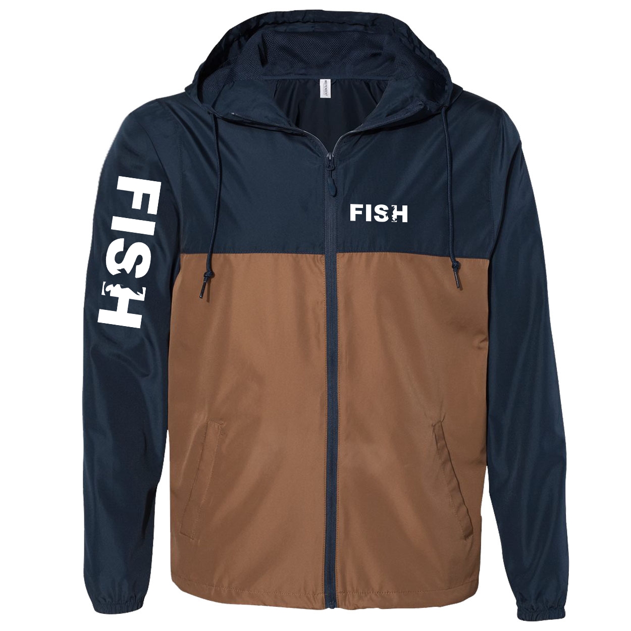 Fish Catch Logo Classic Lightweight Windbreaker Navy/Saddle (White Logo)