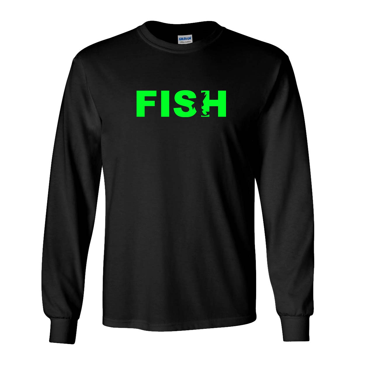Fish Catch Logo Classic Long Sleeve T-Shirt Black (Green Logo)