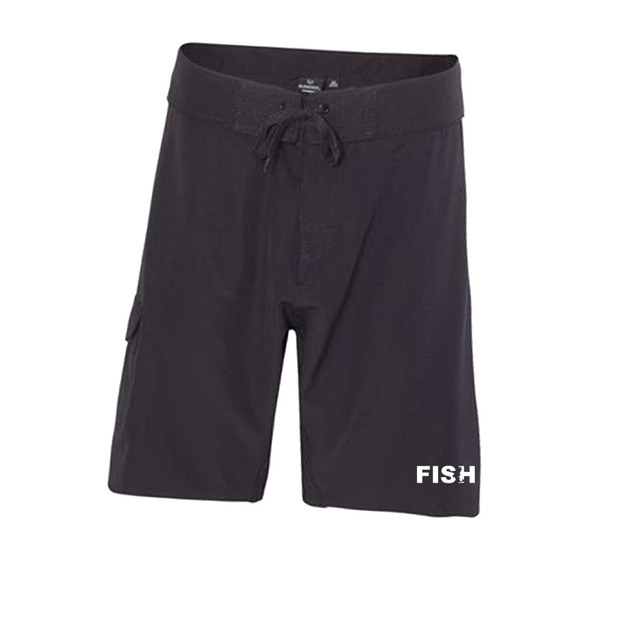 Fish Catch Logo Classic Men's Unisex Boardshorts Swim Trunks Black (White Logo)
