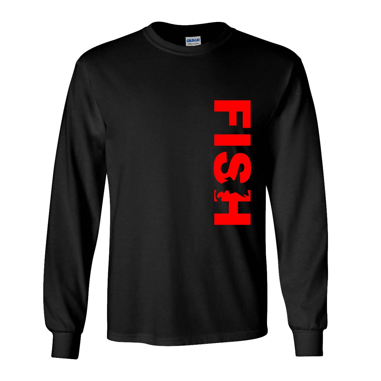 Fish Catch Logo Classic Vertical Long Sleeve T-Shirt Black (Red Logo)