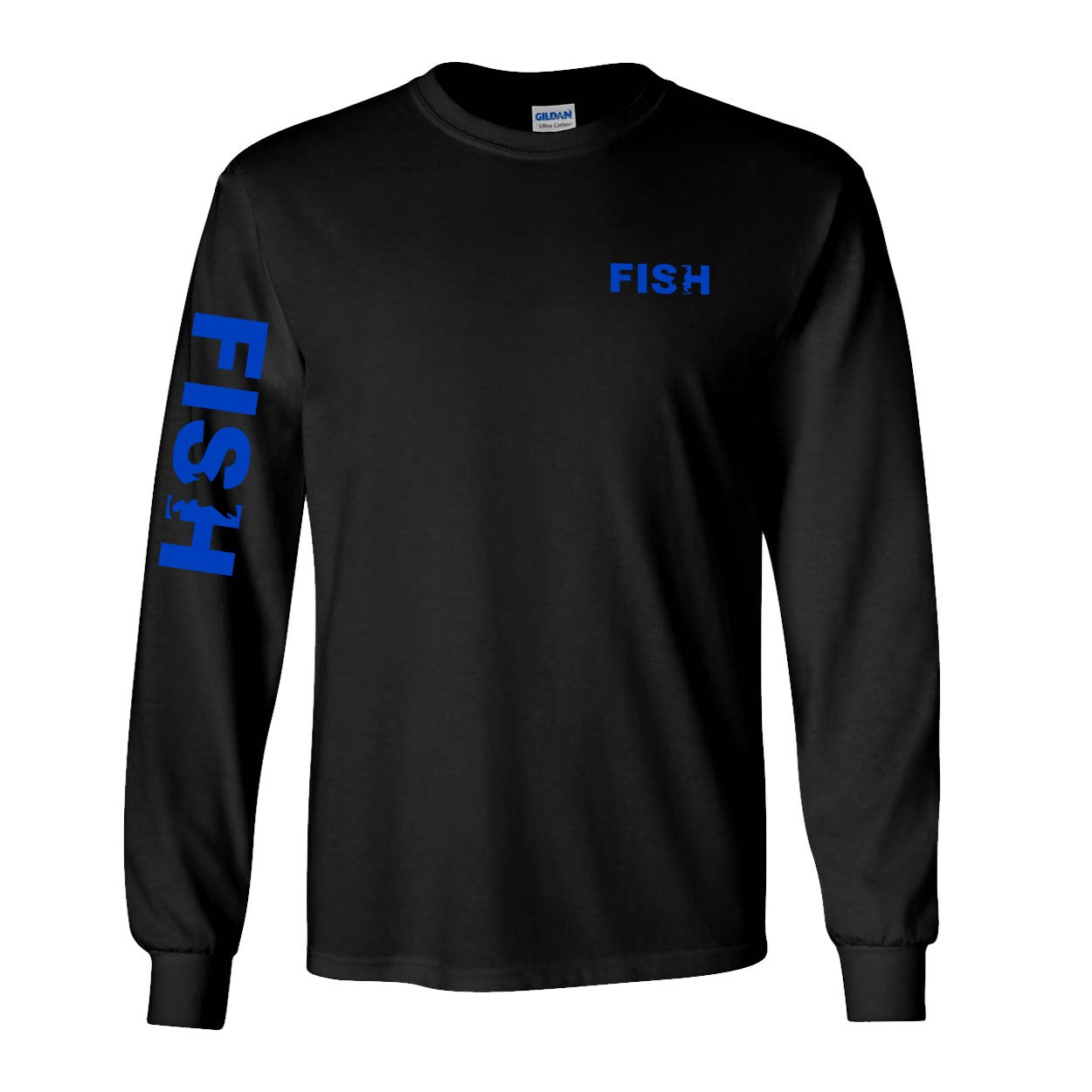 Fish Catch Logo Night Out Long Sleeve T-Shirt with Arm Logo Black (Blue Logo)