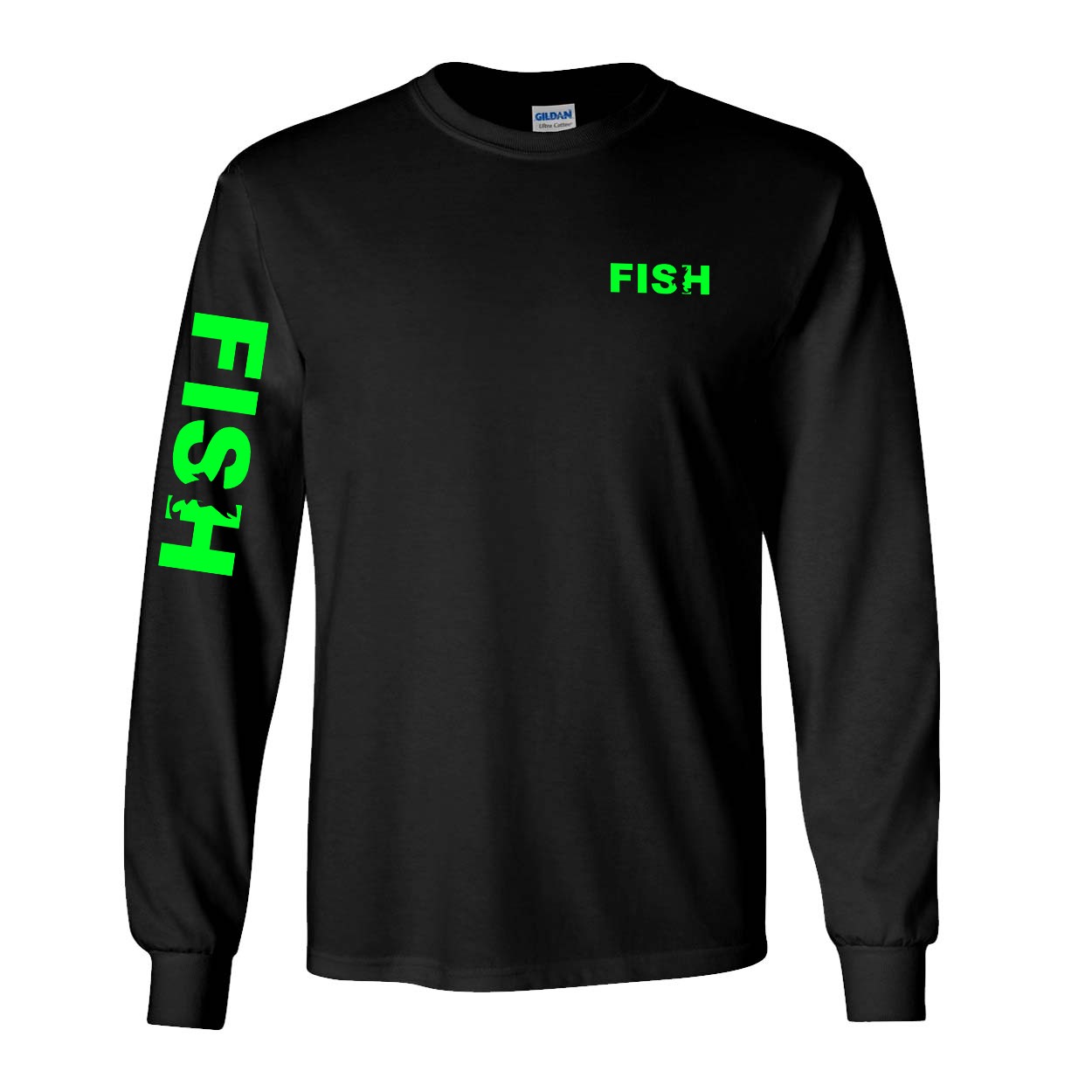 Fish Catch Logo Night Out Long Sleeve T-Shirt with Arm Logo Black (Green Logo)