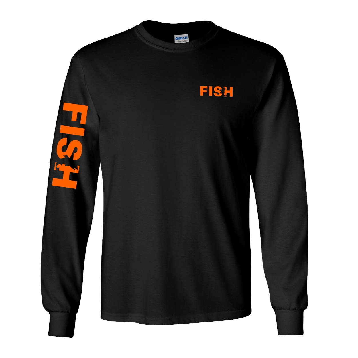 Fish Catch Logo Night Out Long Sleeve T-Shirt with Arm Logo Black (Orange Logo)