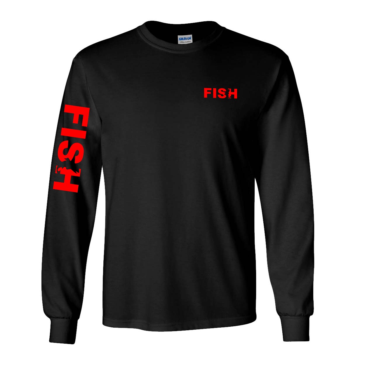 Fish Catch Logo Night Out Long Sleeve T-Shirt with Arm Logo Black (Red Logo)