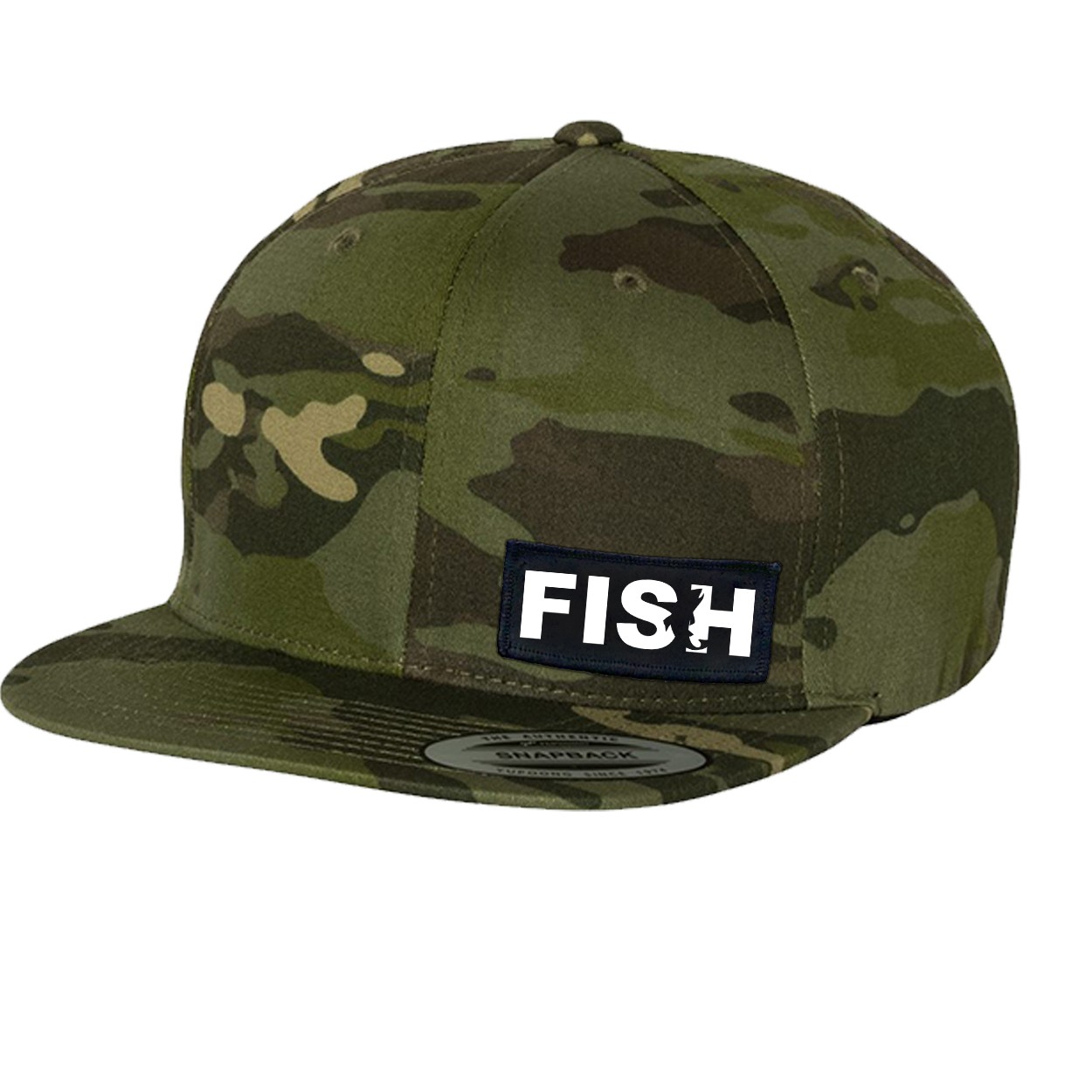 Fish Catch Logo Night Out Woven Patch Flat Brim Hat Multicam Tropic (White Logo)