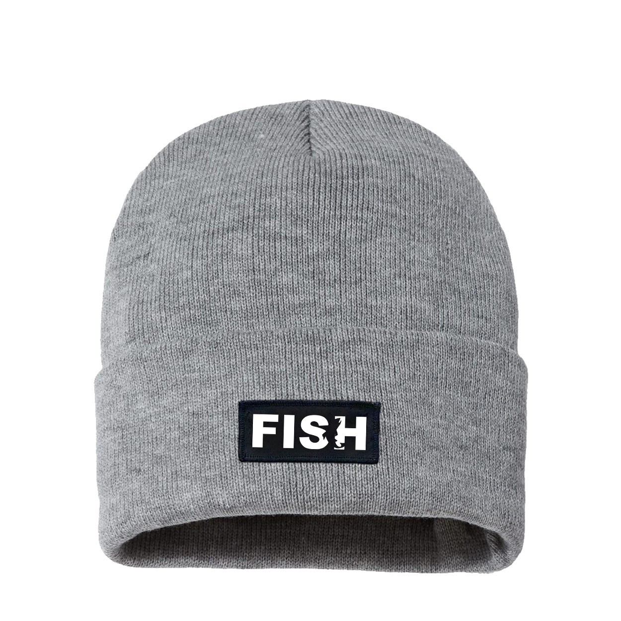 Fish Catch Logo Night Out Woven Patch Night Out Sherpa Lined Cuffed Beanie Heather Gray (White Logo)