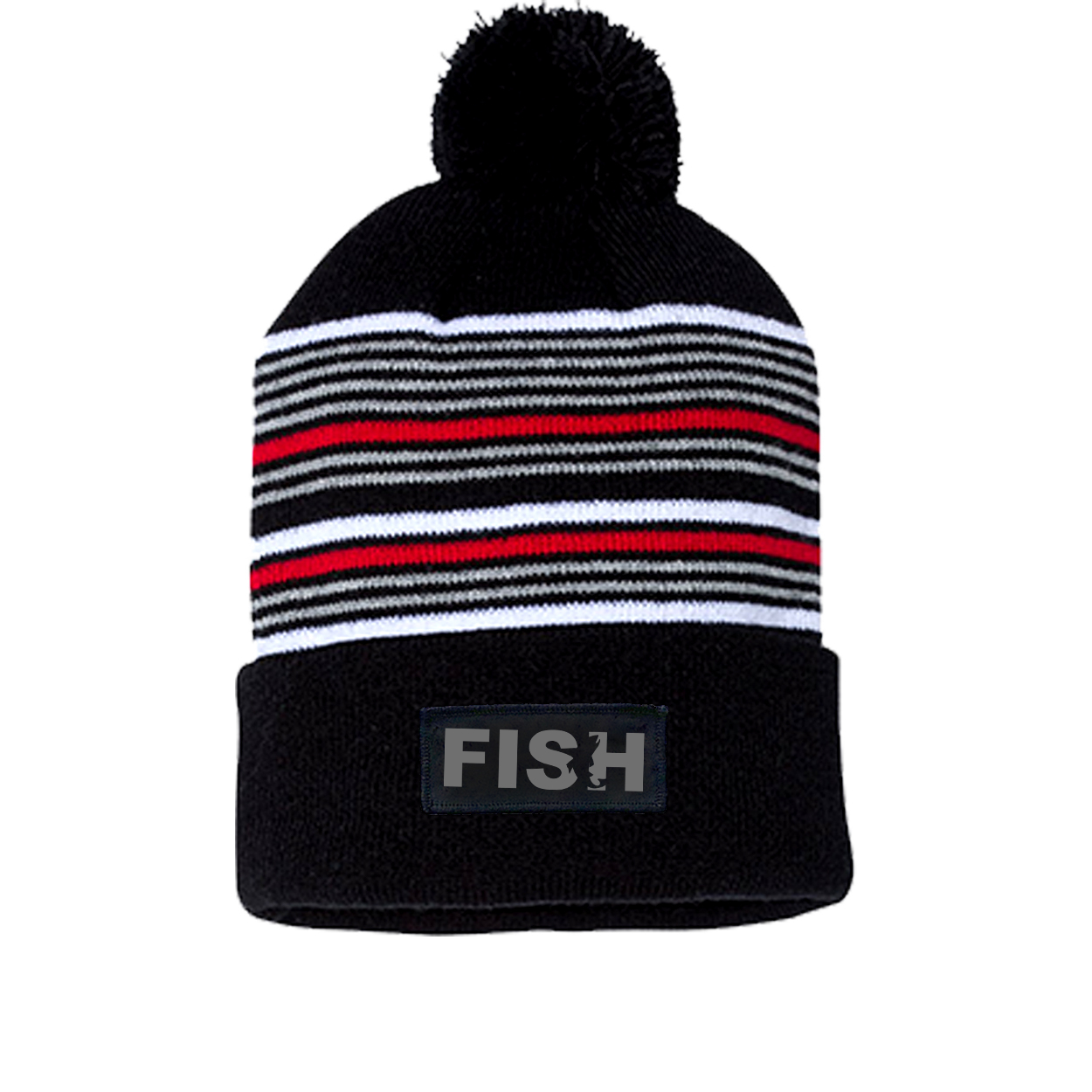 Fish Catch Logo Night Out Woven Patch Roll Up Pom Knit Beanie Black/ White/ Grey/ Red Beanie (Gray Logo)