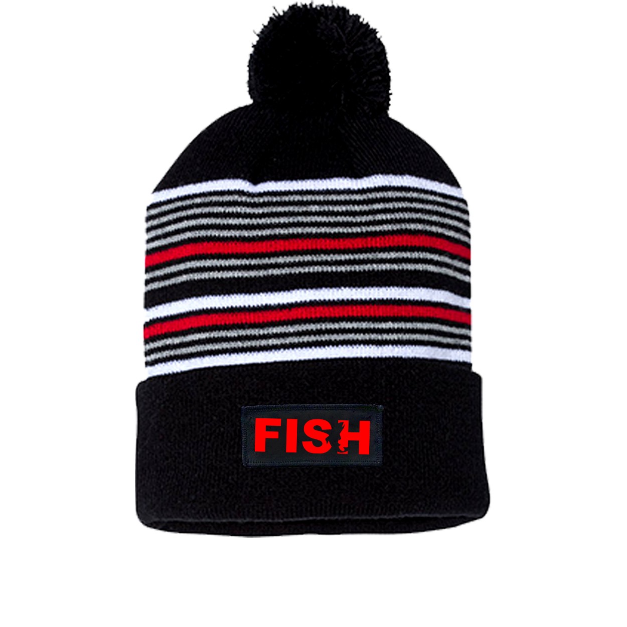 Fish Catch Logo Night Out Woven Patch Roll Up Pom Knit Beanie Black/ White/ Grey/ Red Beanie (Red Logo)