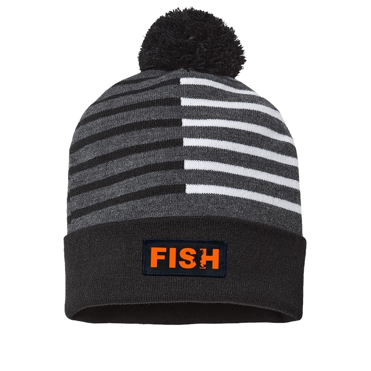 Fish Catch Logo Night Out Woven Patch Roll Up Pom Knit Beanie Half Color Black/White (Orange Logo)