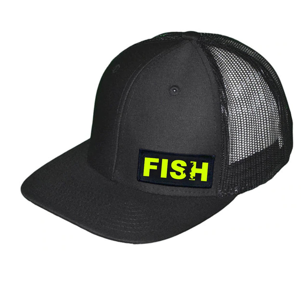 Fish Catch Logo Night Out Woven Patch Snapback Trucker Hat Black (Hi-Vis Logo)