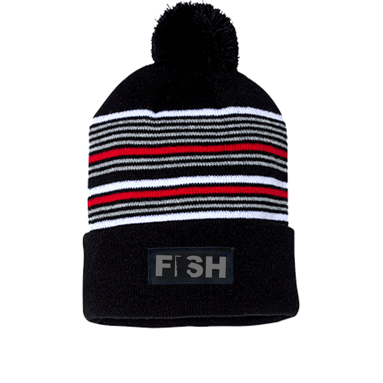 Fish Minnesota Night Out Woven Patch Roll Up Pom Knit Beanie Black/ White/ Grey/ Red Beanie (Gray Logo)