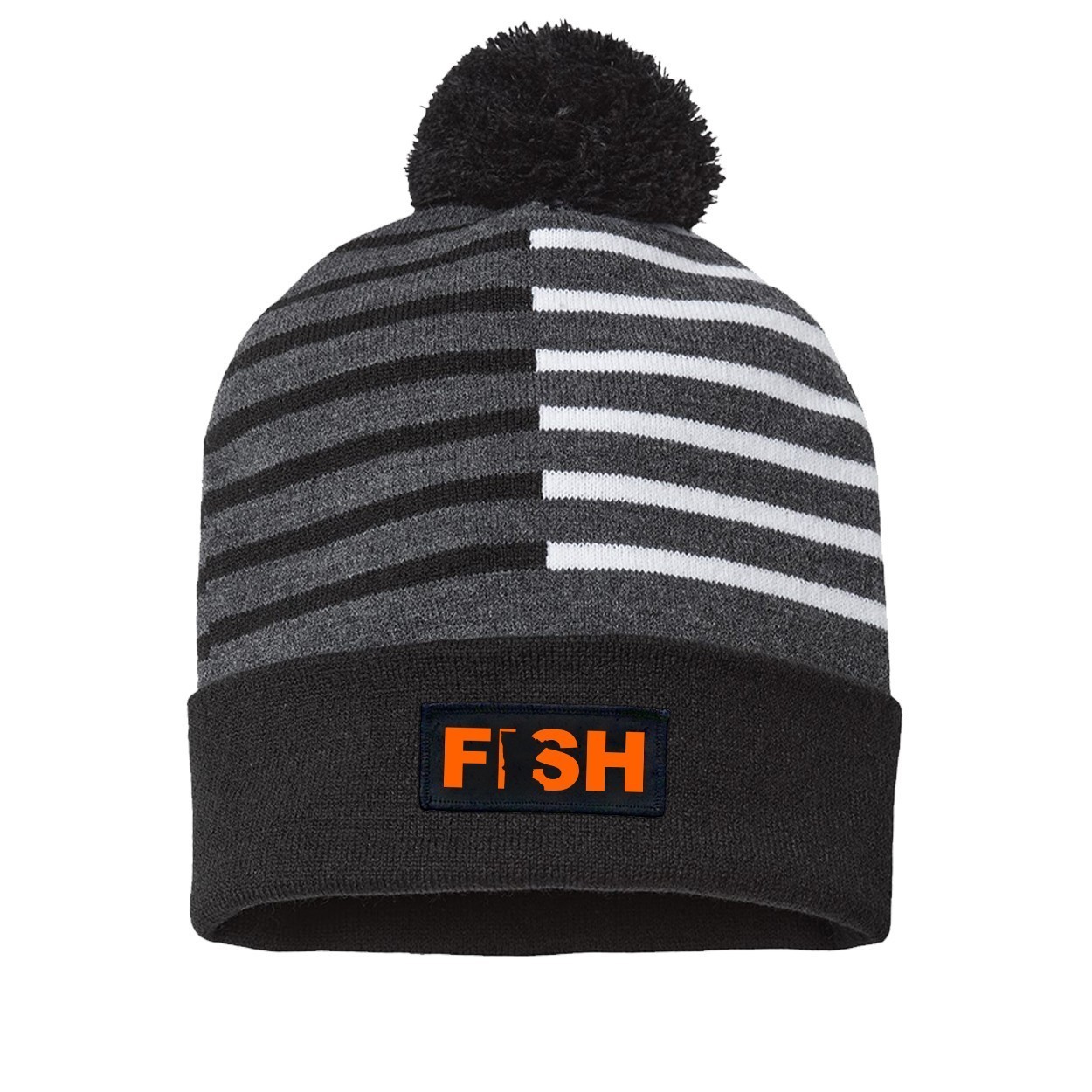 Fish Minnesota Night Out Woven Patch Roll Up Pom Knit Beanie Half Color Black/White (Orange Logo)