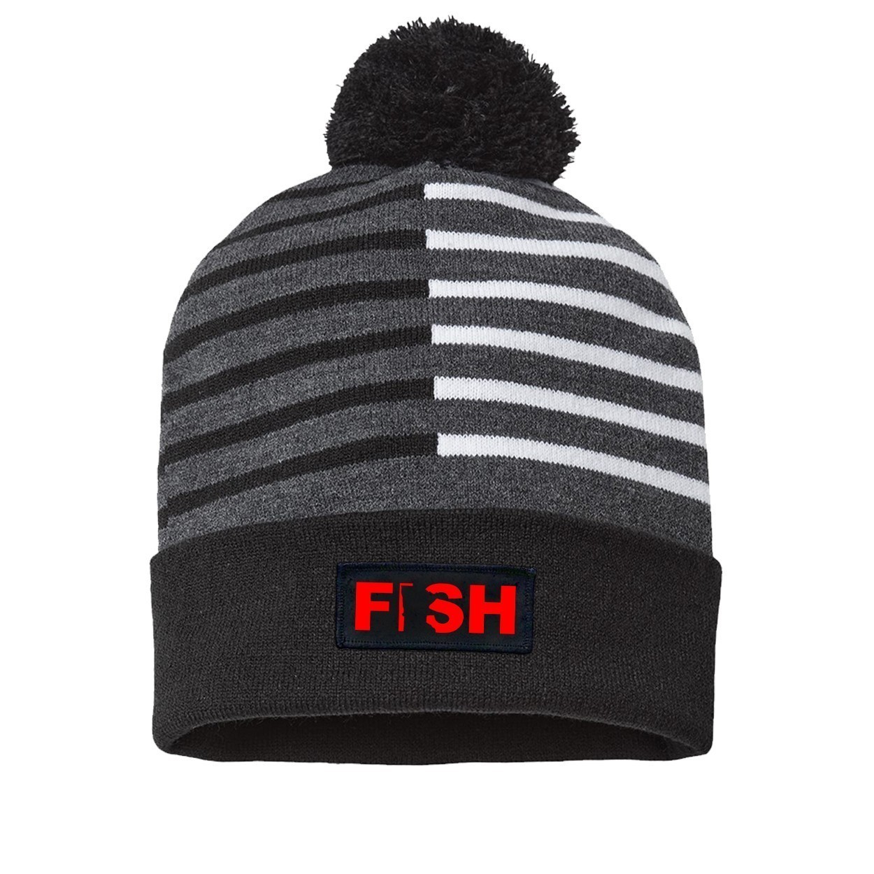 Fish Minnesota Night Out Woven Patch Roll Up Pom Knit Beanie Half Color Black/White (Red Logo)