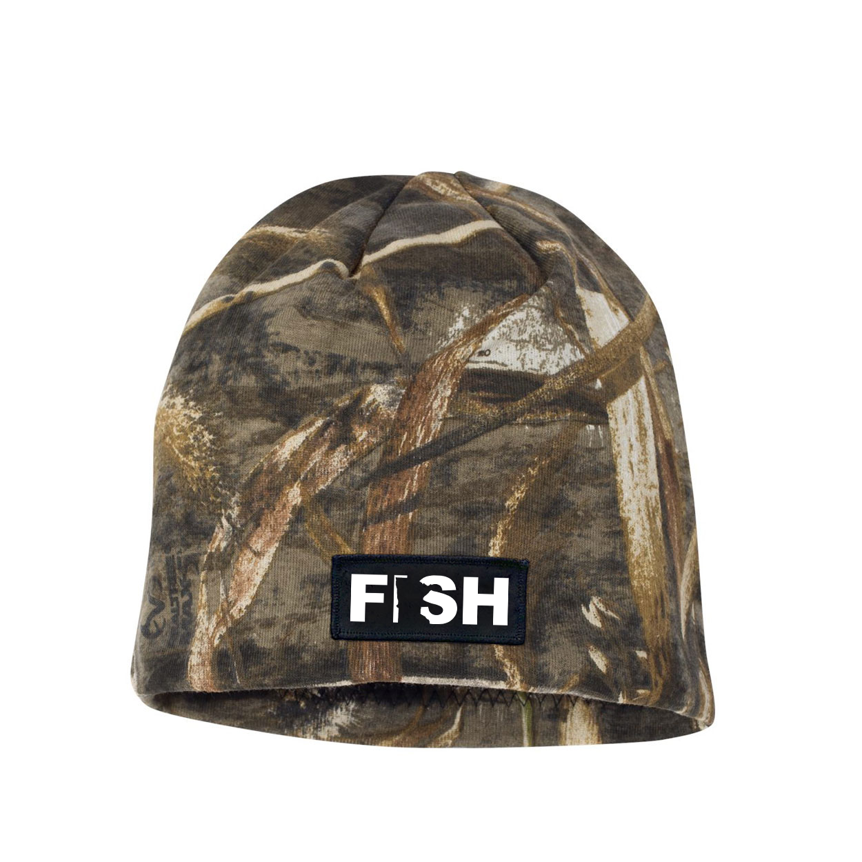 Fish Minnesota Night Out Woven Patch Skully Beanie Realtree AP Camo (White Logo)