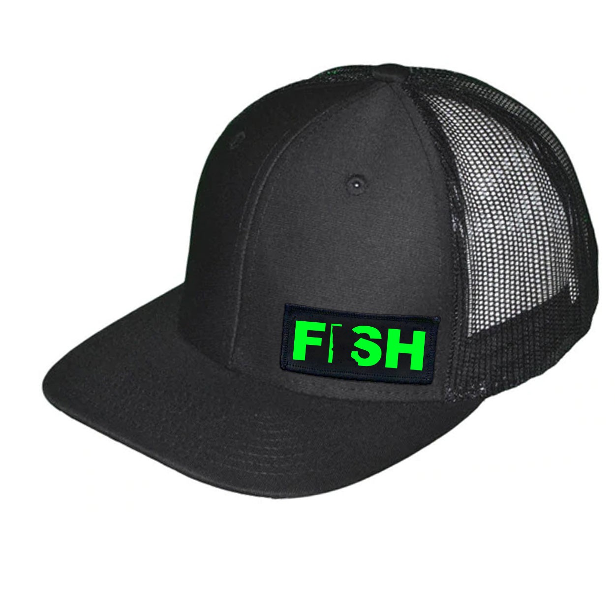Fish Minnesota Night Out Woven Patch Snapback Trucker Hat Black (Green Logo)