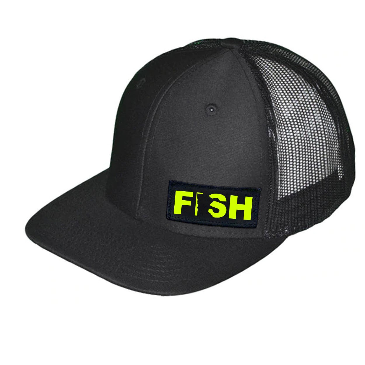 Fish Minnesota Night Out Woven Patch Snapback Trucker Hat Black (Hi-Vis Logo)