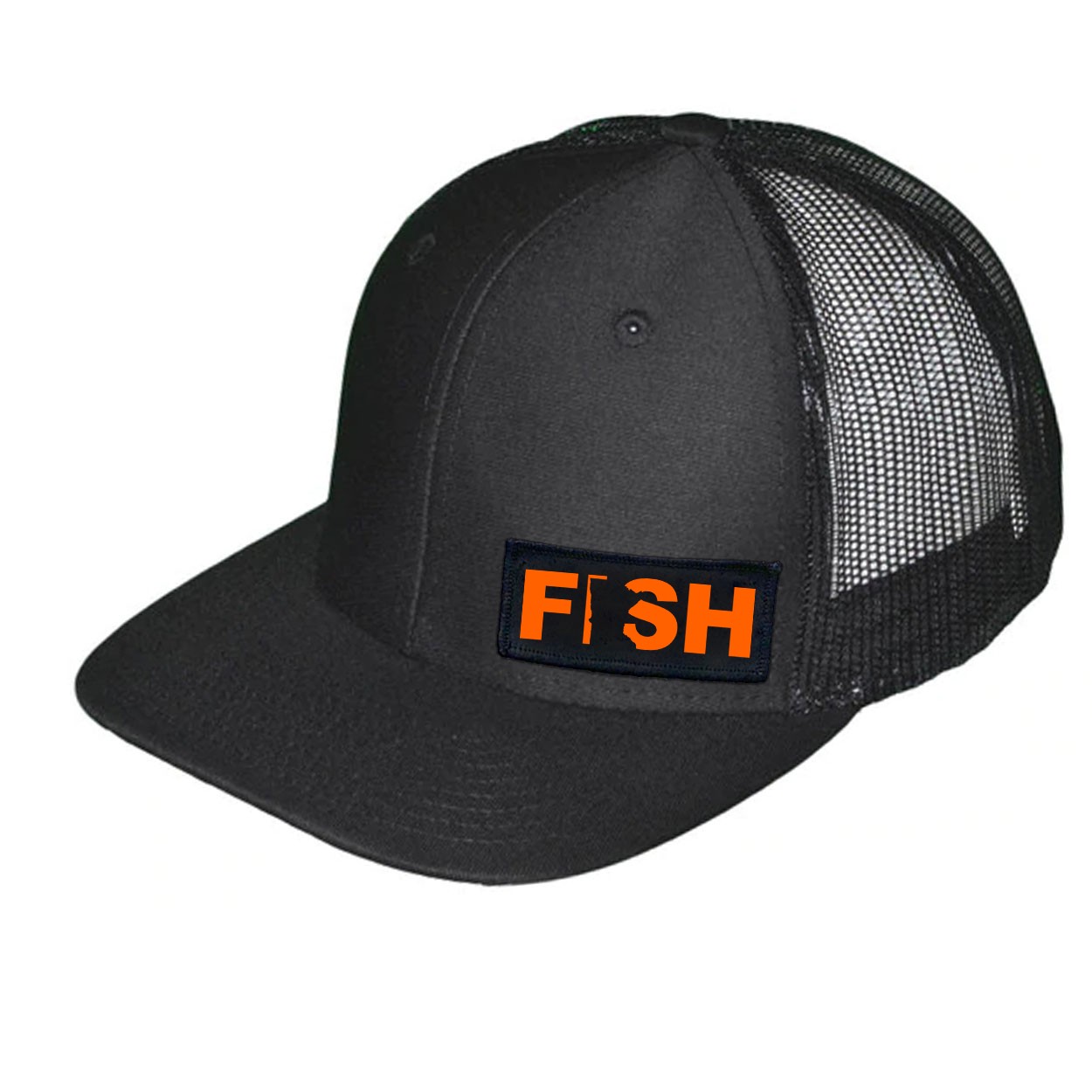 Fish Minnesota Night Out Woven Patch Snapback Trucker Hat Black (Orange Logo)