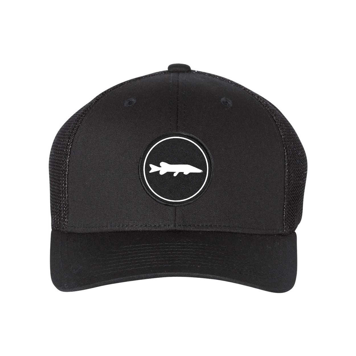 Fish Northern Pike Icon Logo Classic Woven Circle Patch Snapback Trucker Hat Black (White Logo)